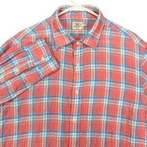 Faherty Brand Mens‎ Large Linen Button Down Shirt Plaid Coral Blue Long Sleeve